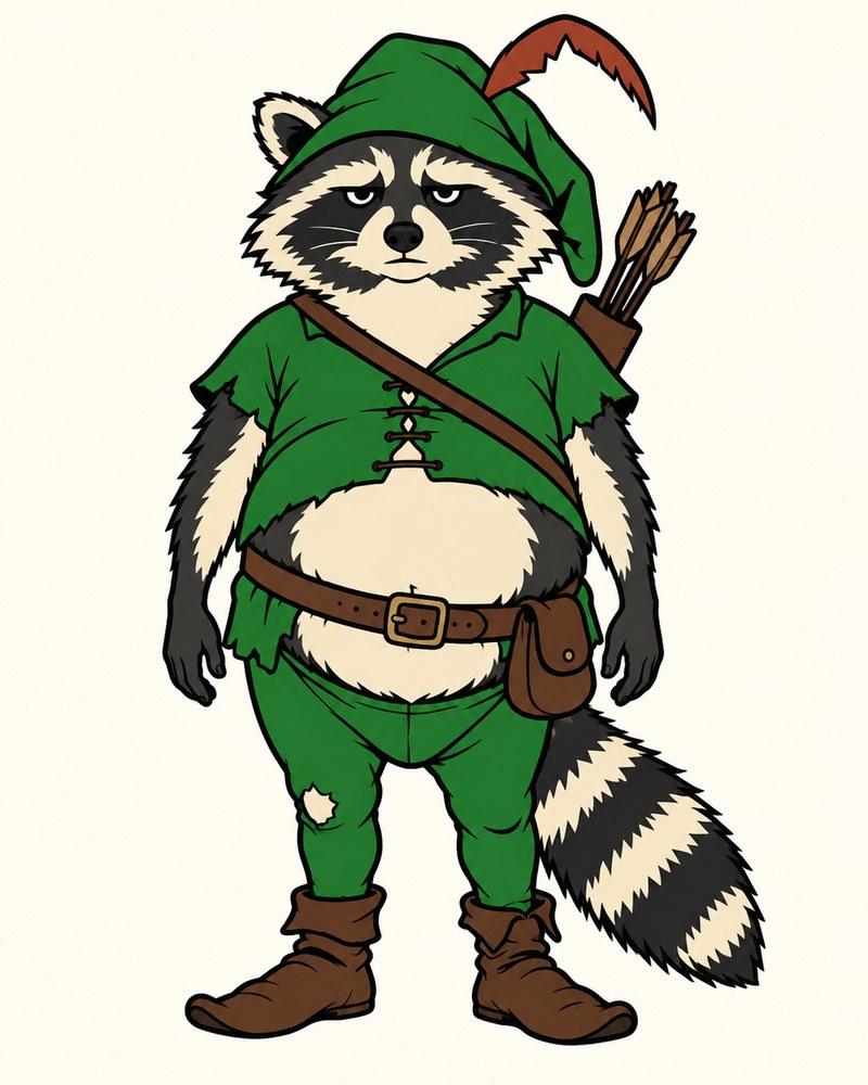 Rakun Hood, standing in an ill-fitting Robin Hood costume, entirely unimpressed